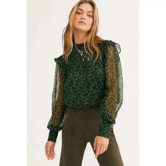 Free People Tops - Free People NWT Roma Blouse Smocked Mock Neck Sheer Back Tie Sheer Forest L New